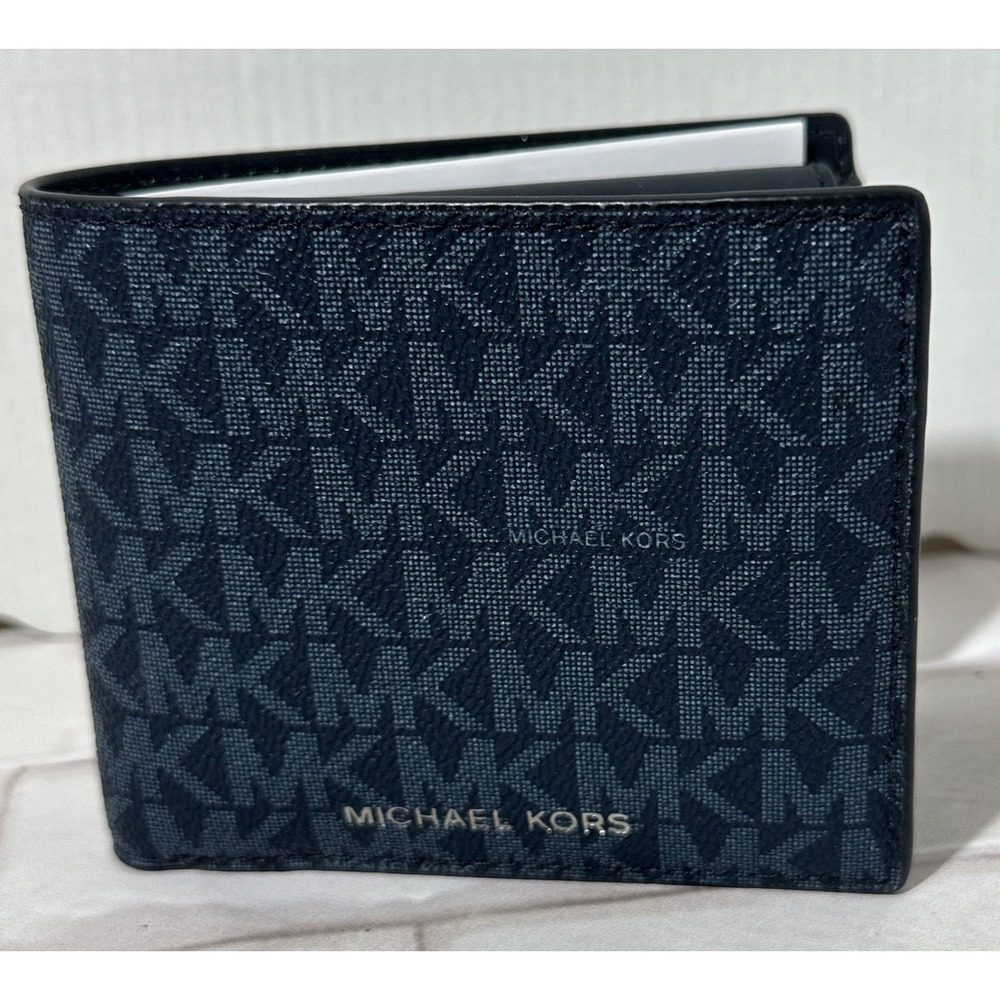 Michael Kors Cooper Billfold Wallet Coin Pocket Signature MK Logo Navy‎ Blue